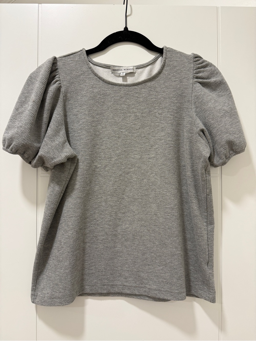 Rebecca Minkoff Light Gray Puff-Sleeve Ribbed Knit Top
